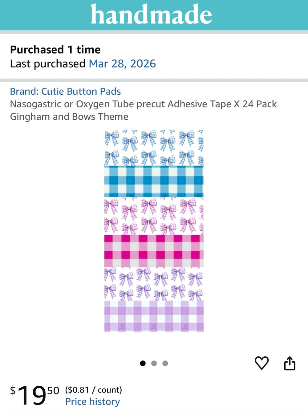 BNWT Adhesive NJ or tube Tape Rolls - Gingham & Bows Design/ 2nd set BE brave